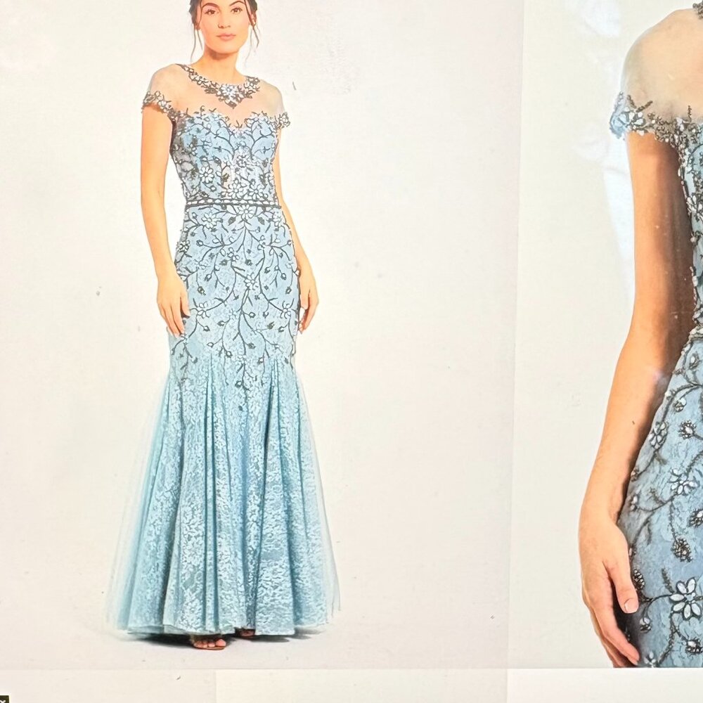 Blue Embellished Lace Evening Gown with Illusion Neckline